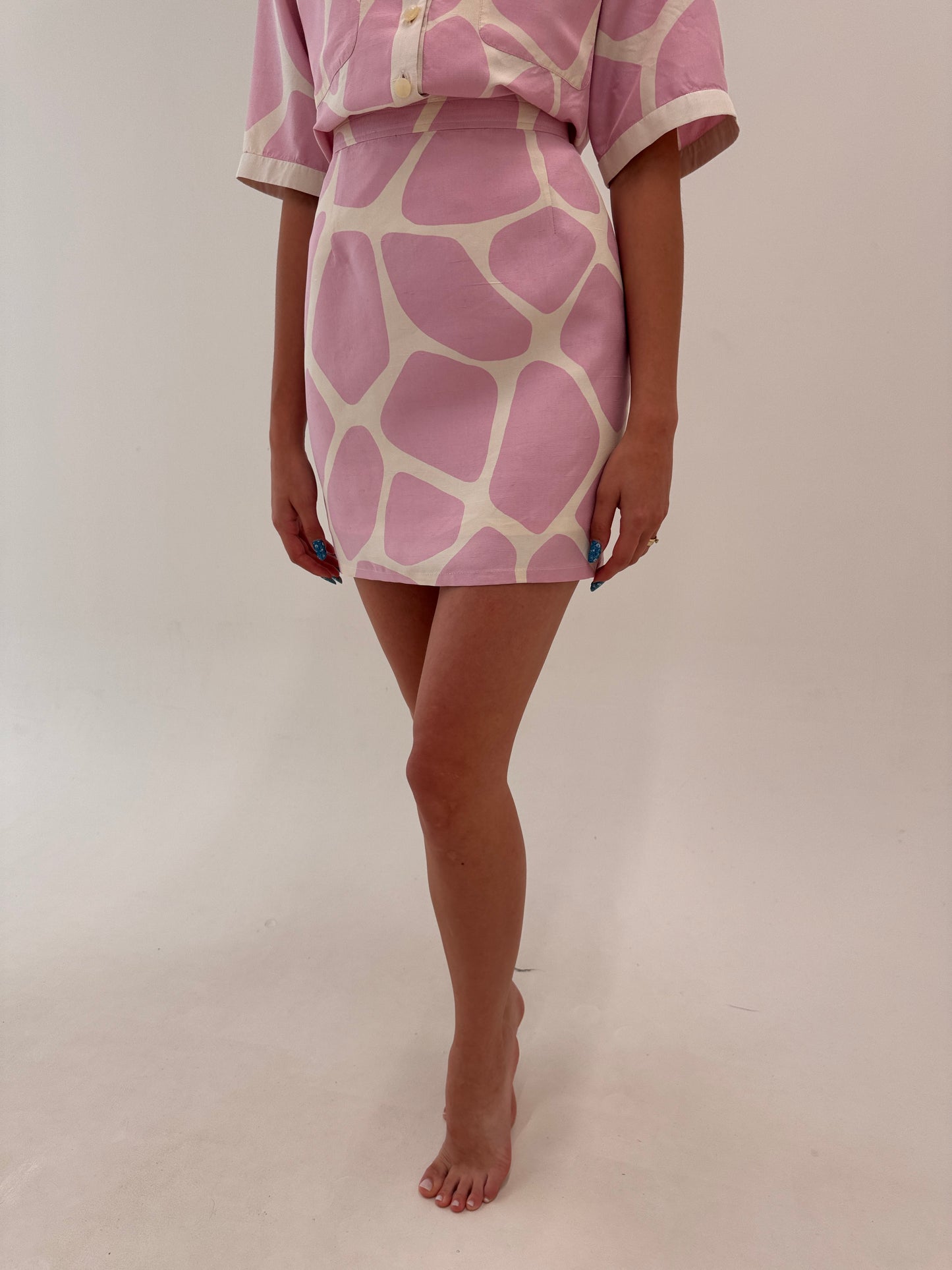 Costum Valentino vintage din pânză de mătase naturală cu print powder Pink