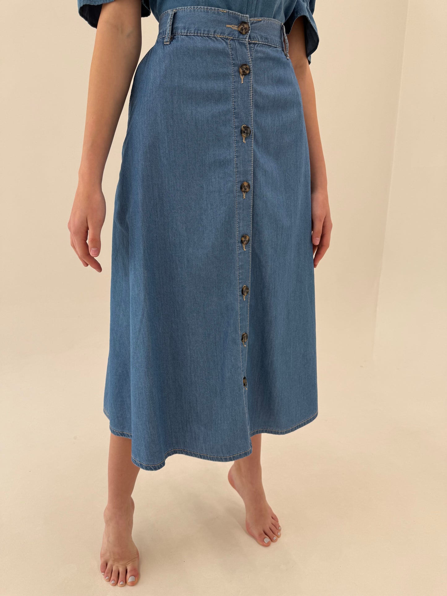 Fustă maxi din jeans moale cu talie ultra înaltă elastică și buzunare