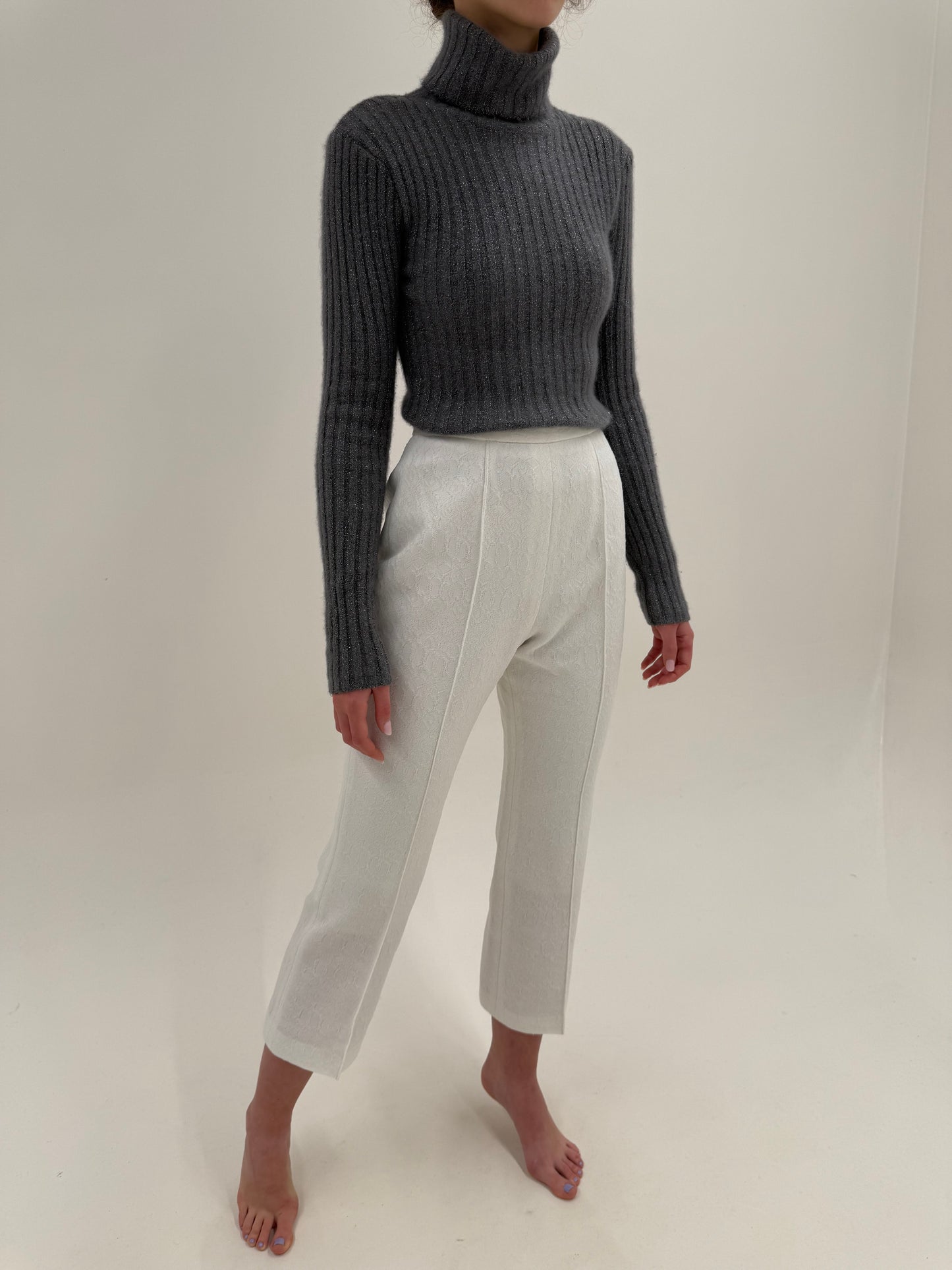 Pantaloni vintage din brocart cu inserții fine argintii și talie ultra înaltă