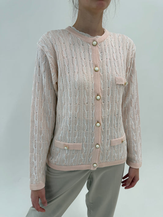 Cardigan de vară în stil chanel din jerse de bumbac în culori pudrate