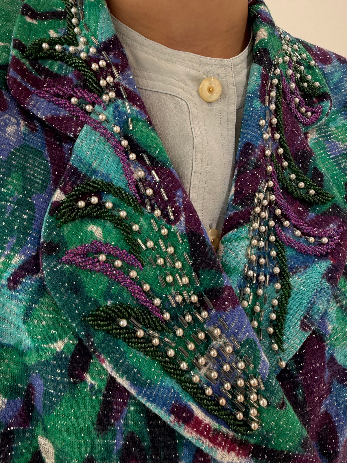 Sacou vintage italian din lana extrafina în culori superbe cu inserții de lurex și aplicații manuale