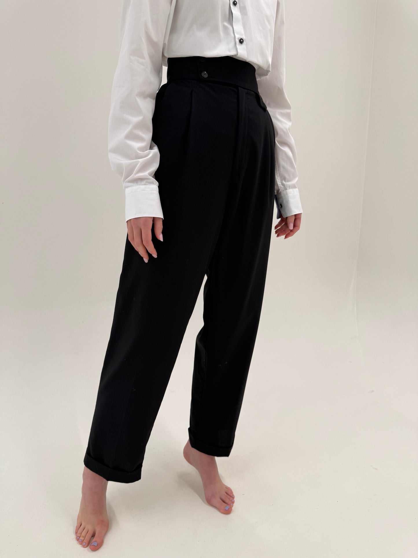 Pantaloni de ocazie cu talie ultra ultra înaltă negri din lana extrafina