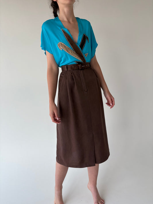Fustă vintage chocolate brown cu pense și talie ultra înaltă