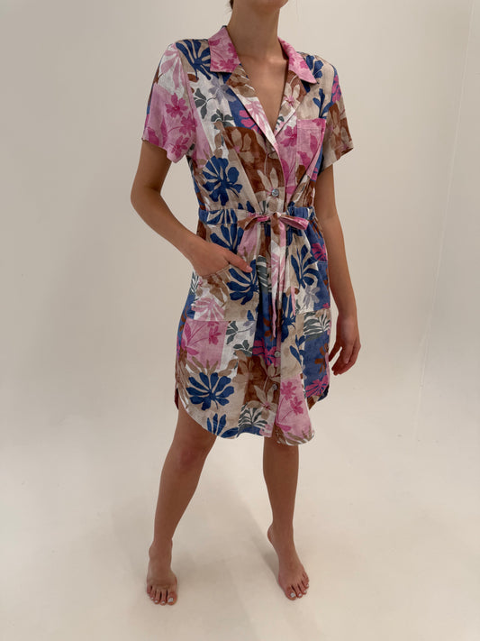 Rochie tip cămașă din pânză de in cu print floral și talie ultra înaltă reglabilă