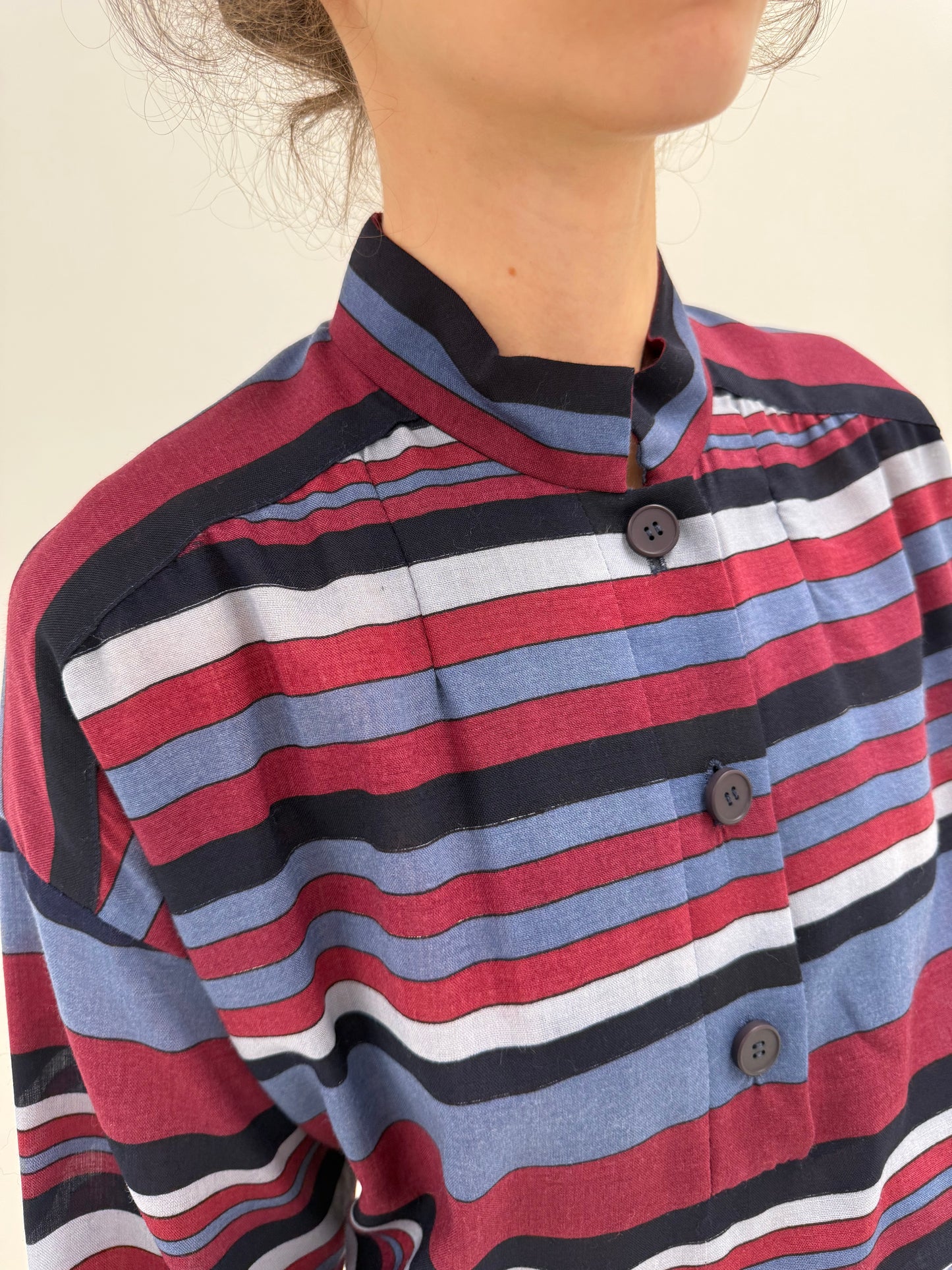 Rochie vintage din lana extrafina în dungi cu talie marcată reglabilă