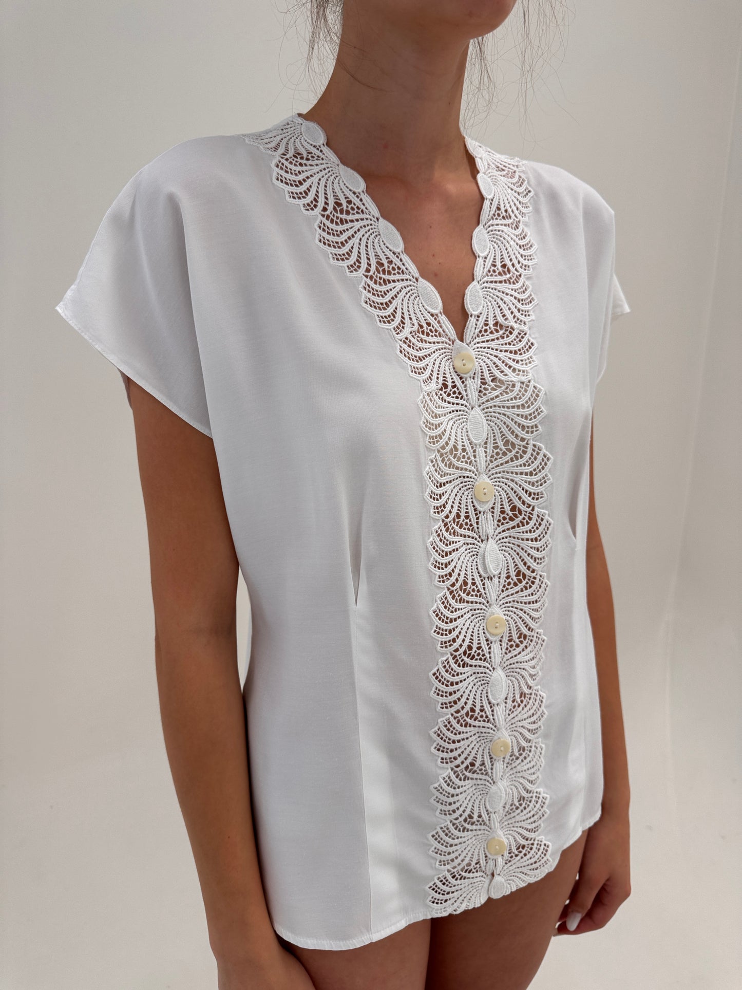Cămașa luxury italiană cu dantelă macrame din faille de bumbac