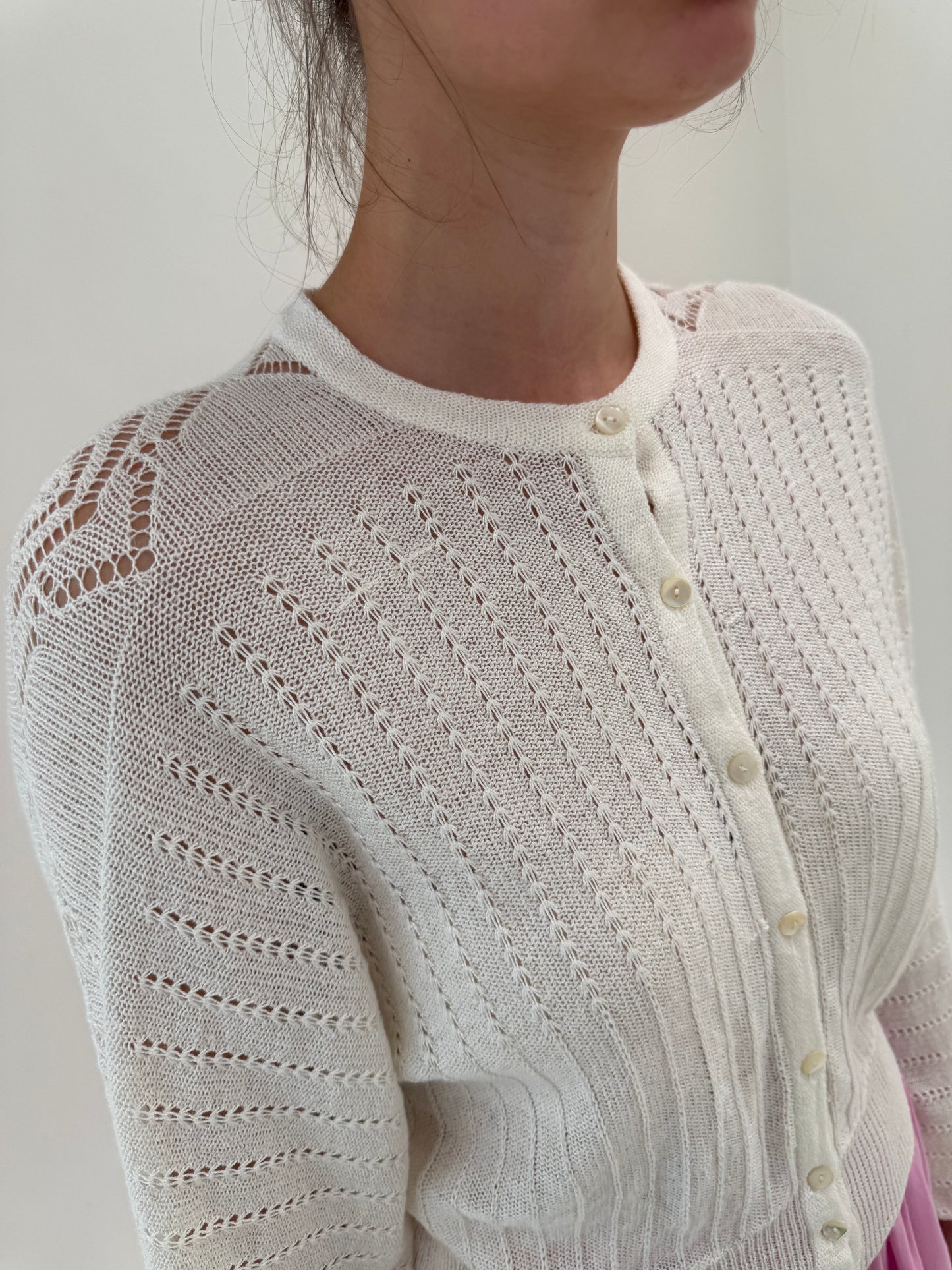 Cardigan vintage cambrat de vară din jerse natural dantelat cu mânecă amplă fluture