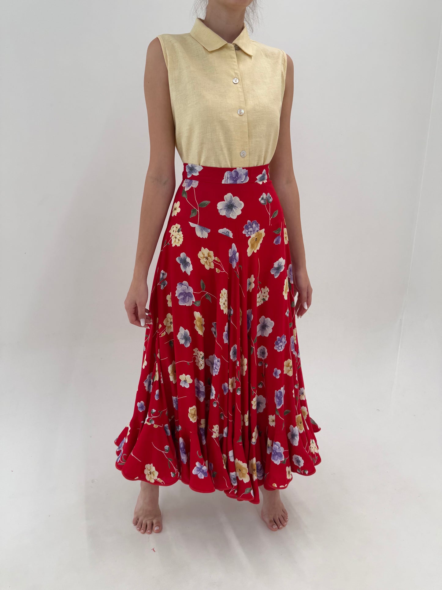 Fustă maxi ultra amplă super vaporoasă cu print floral delicat