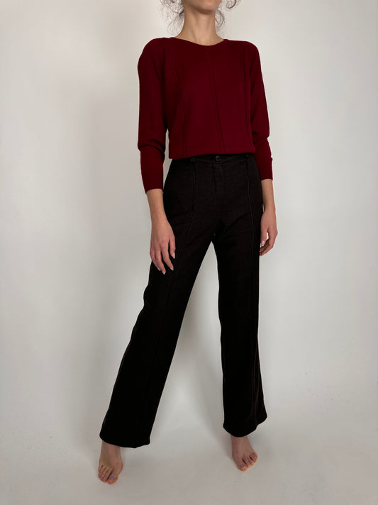 Pantaloni Marc Cain din lana extrafina texturată dark brown + negru