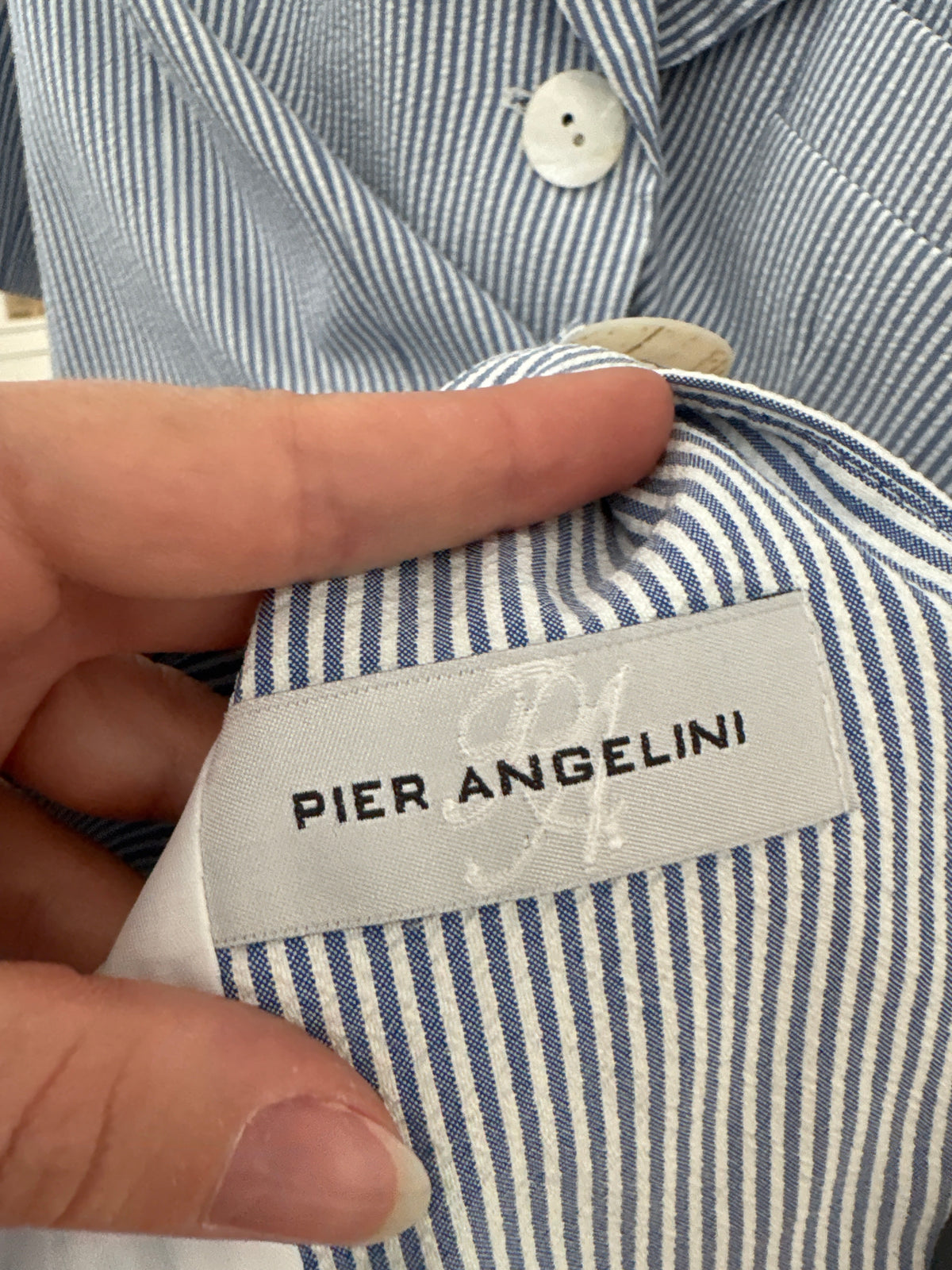 Sacou italian din bumbac premium seersucker in dungi fine Navy verticale