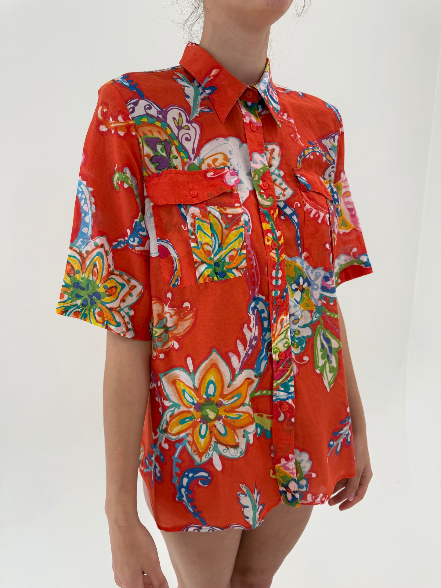 Cămașa Ralph Lauren colorată din panzica de mătase naturală și bumbac