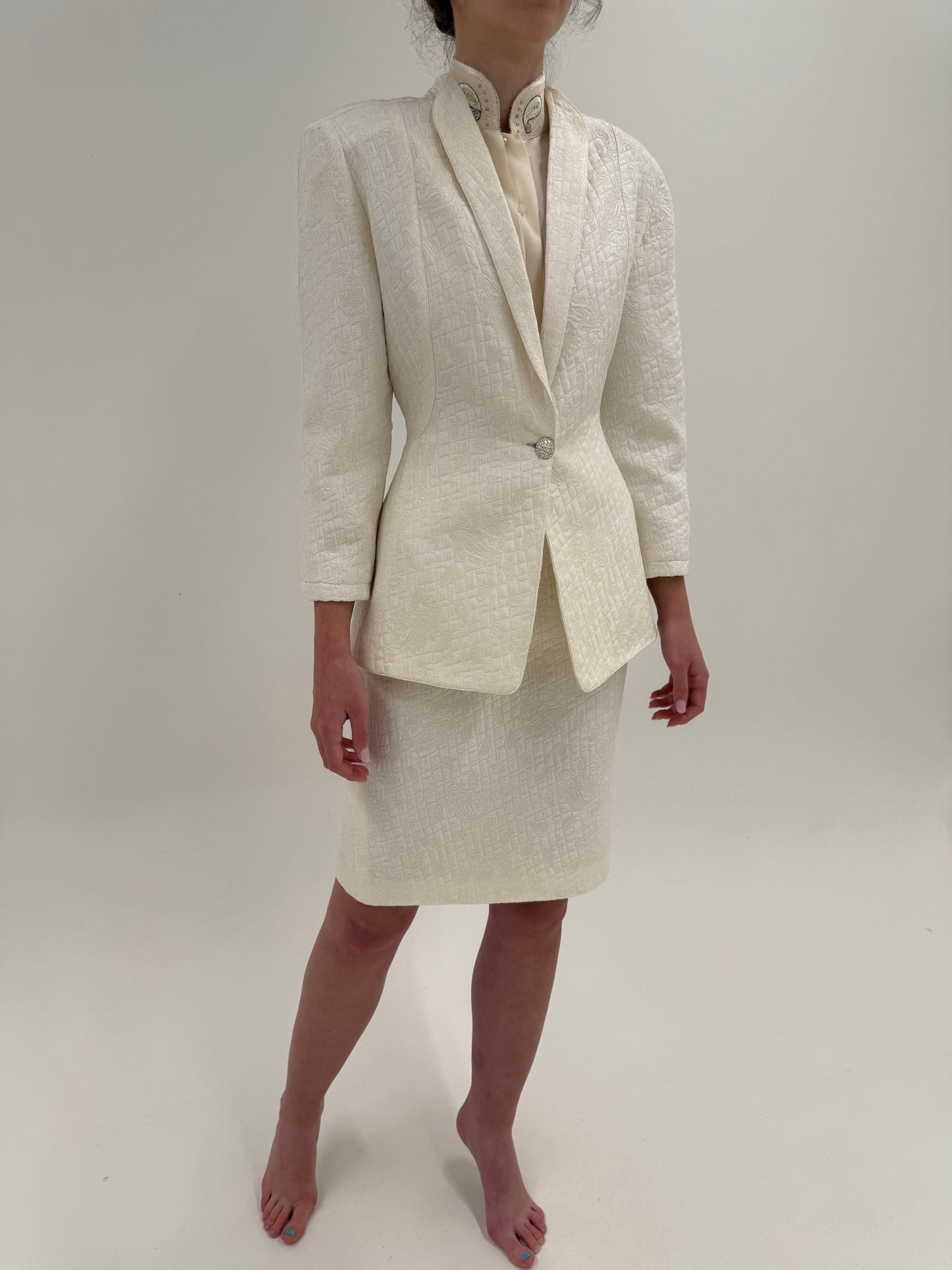 Deux piece old vintage anii 80 în stil Dior New Look din jacquard cu lana