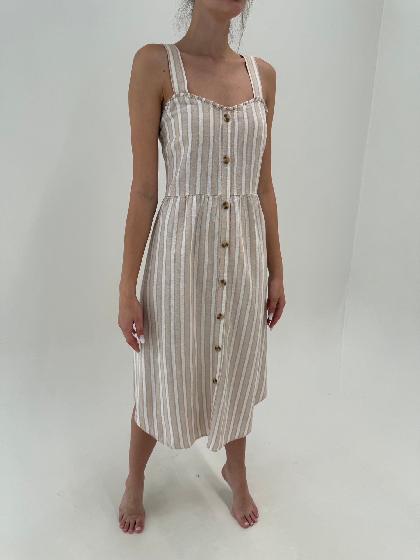 Rochie în dungi camel din pânză cu talie ultra înaltă marcată