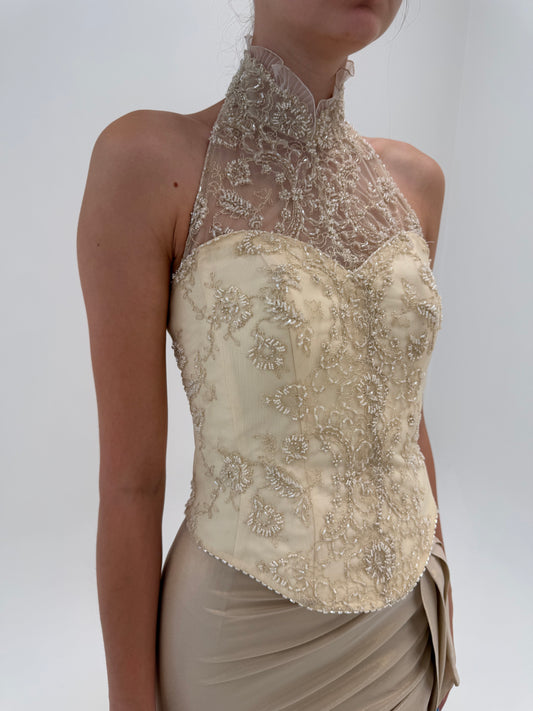 Corset bijuterie auriu pudrat cu aplicații manuale
