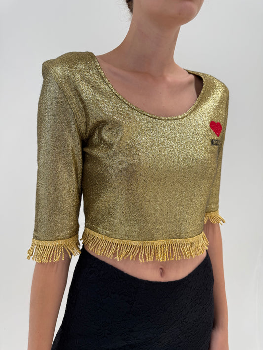 Top vintage Moschino cu franjuri și lurex auriu modelator