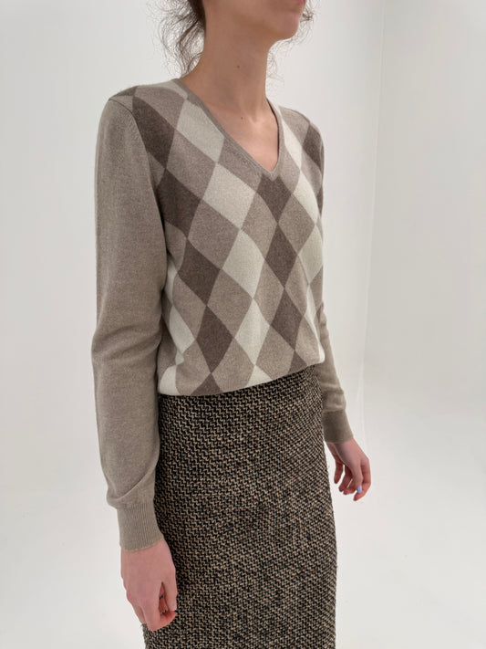 Pulover din cașmir luxury italian în romburi și nuanțe neutre superbe