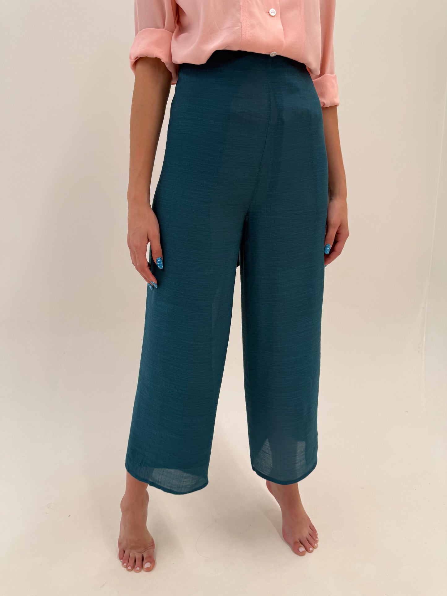 Pantaloni din pânză de mătase naturală și bumbac reglabili dark aqua green