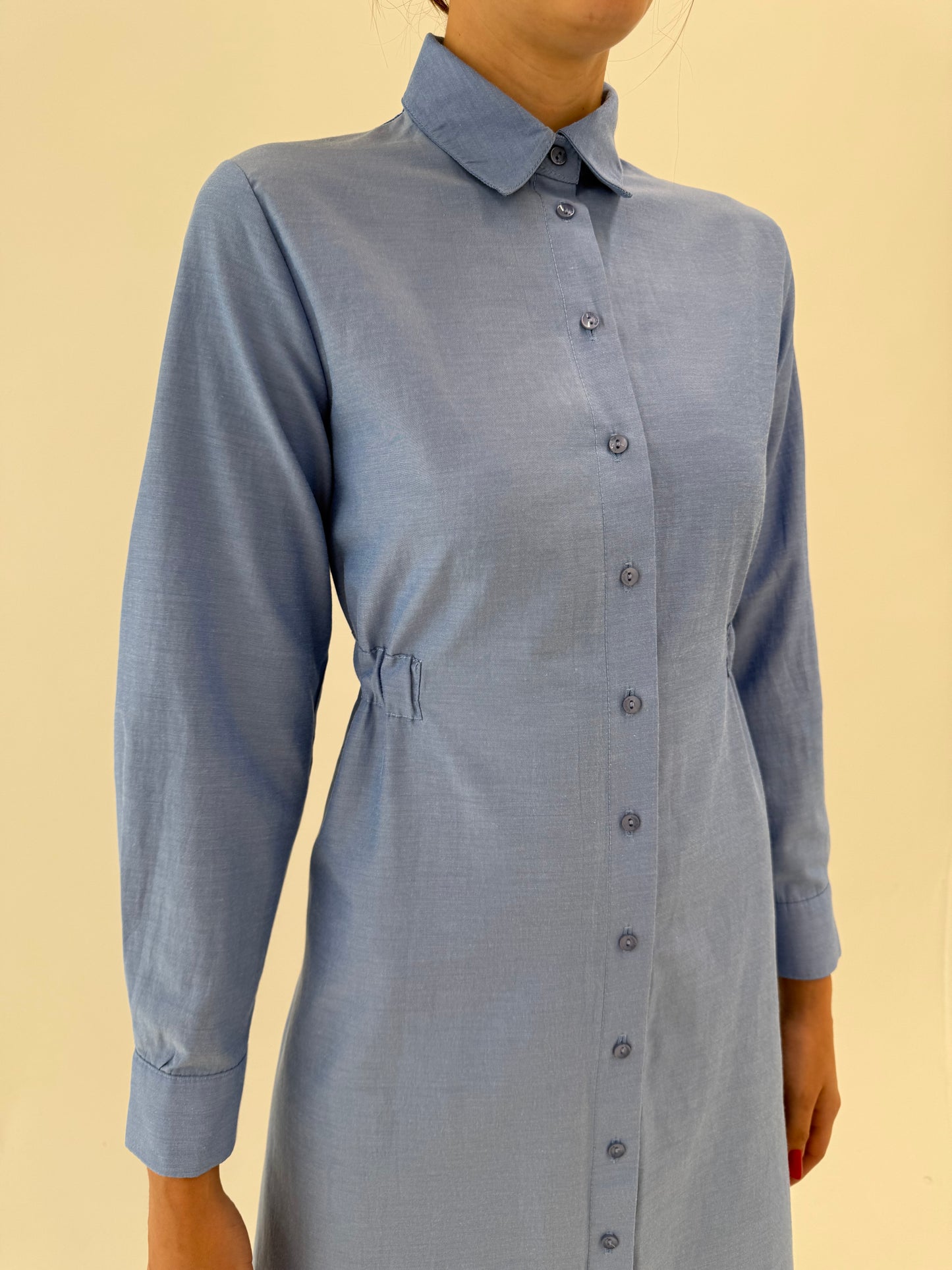 Rochie maxi baby blue din bumbac gros cu talie marcată reglabilă