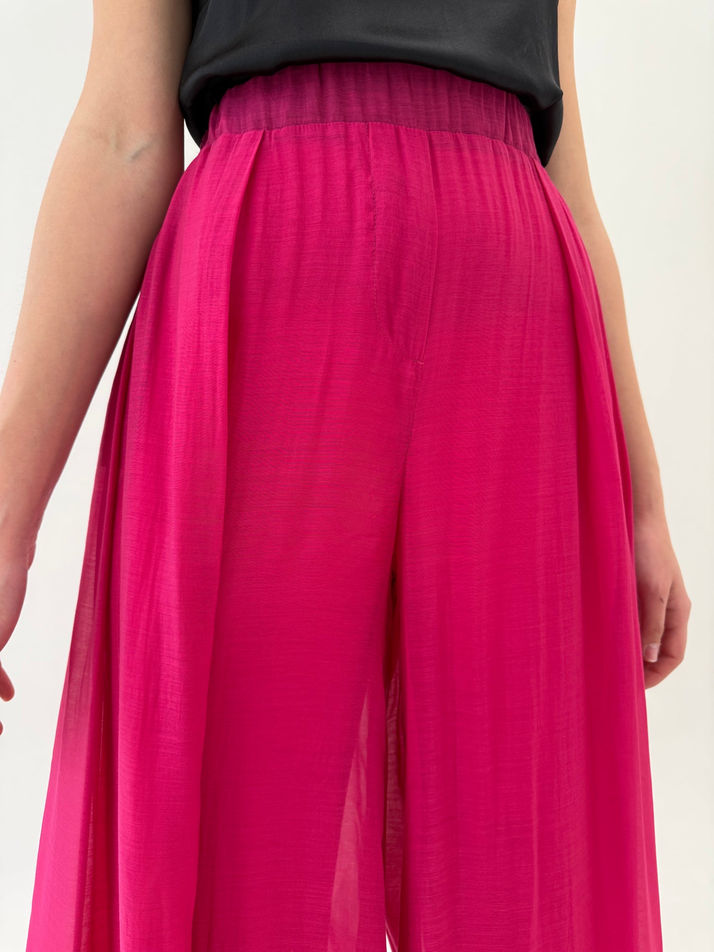 Pantaloni palazzo fucsia super vaporoși tall cu talie ultra înaltă