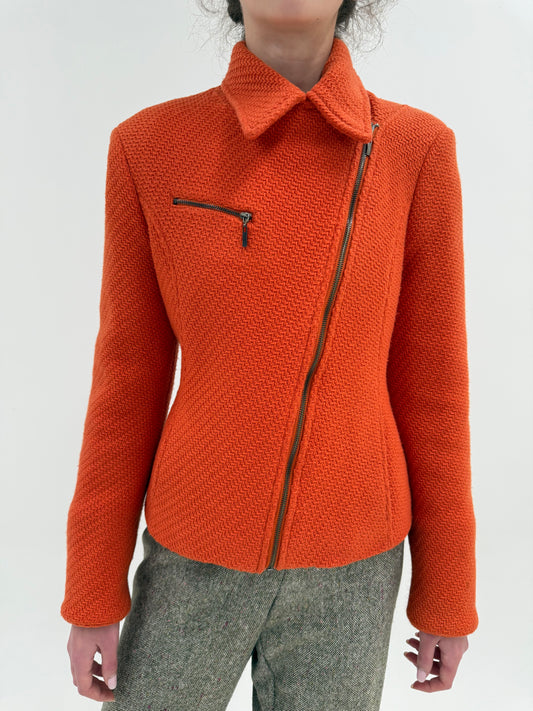 Jacheta cambrata oranj din tweed texturat superb din lana extrafina