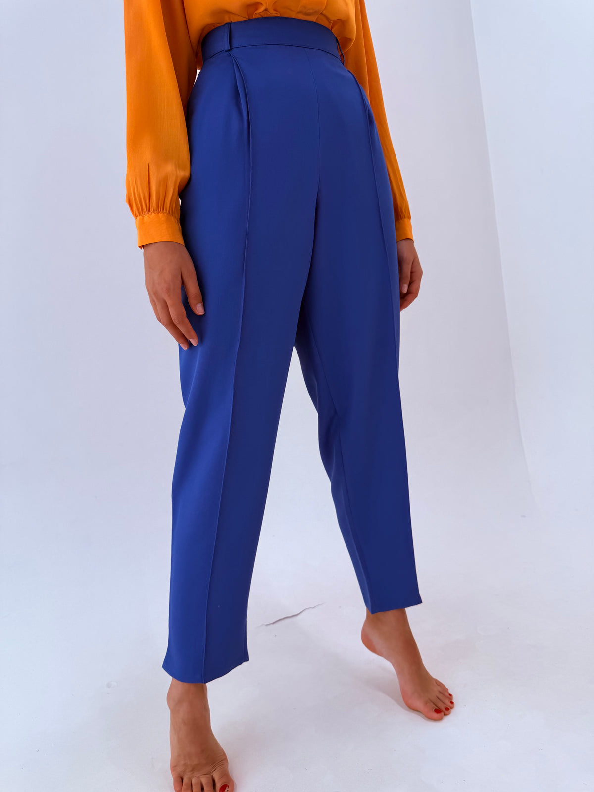 Pantaloni țigaretă petrol blue cu talie ultra înaltă și solduri generoase