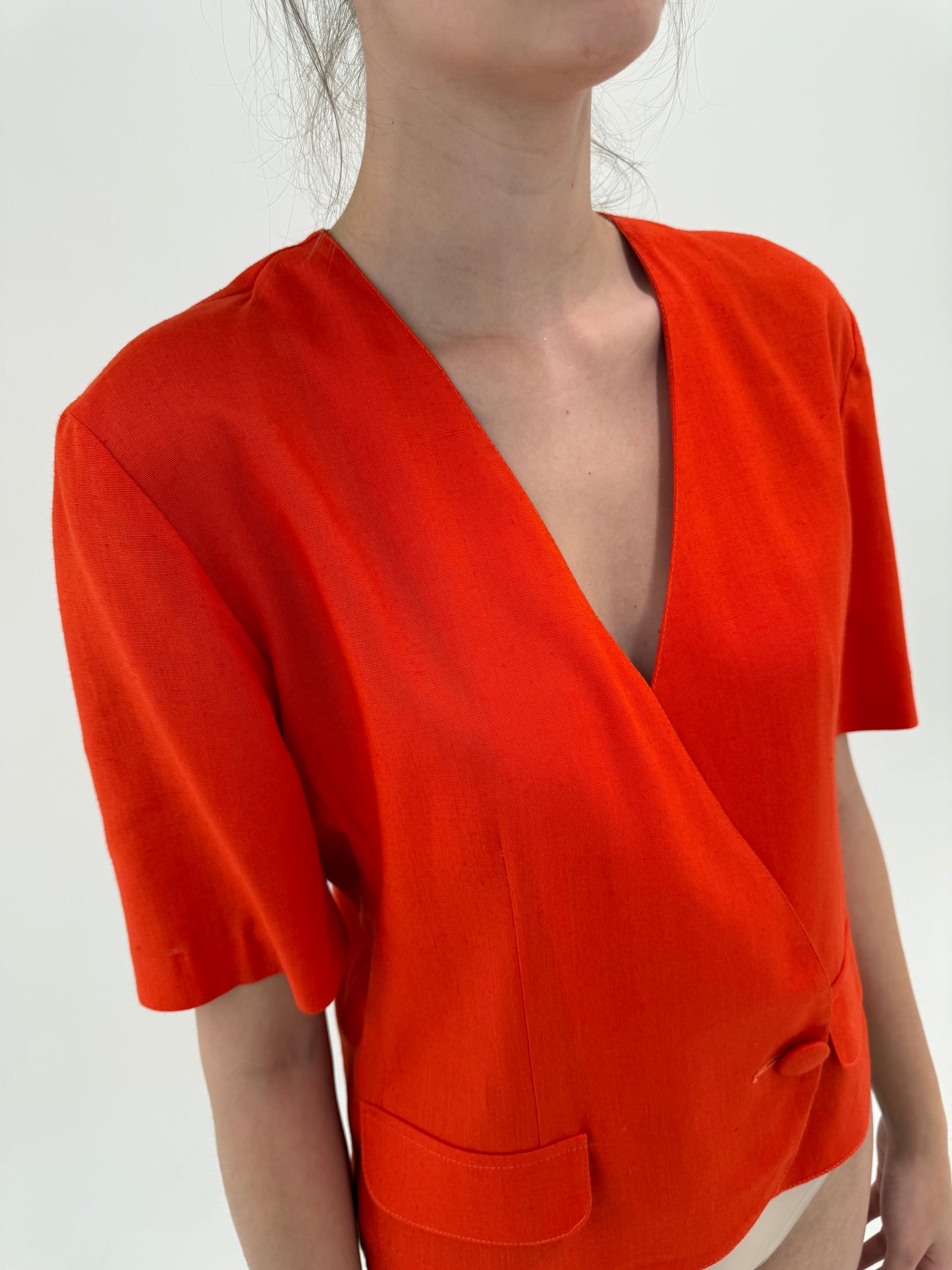 Sacou italian electric coral red din pânză de in și vascoza