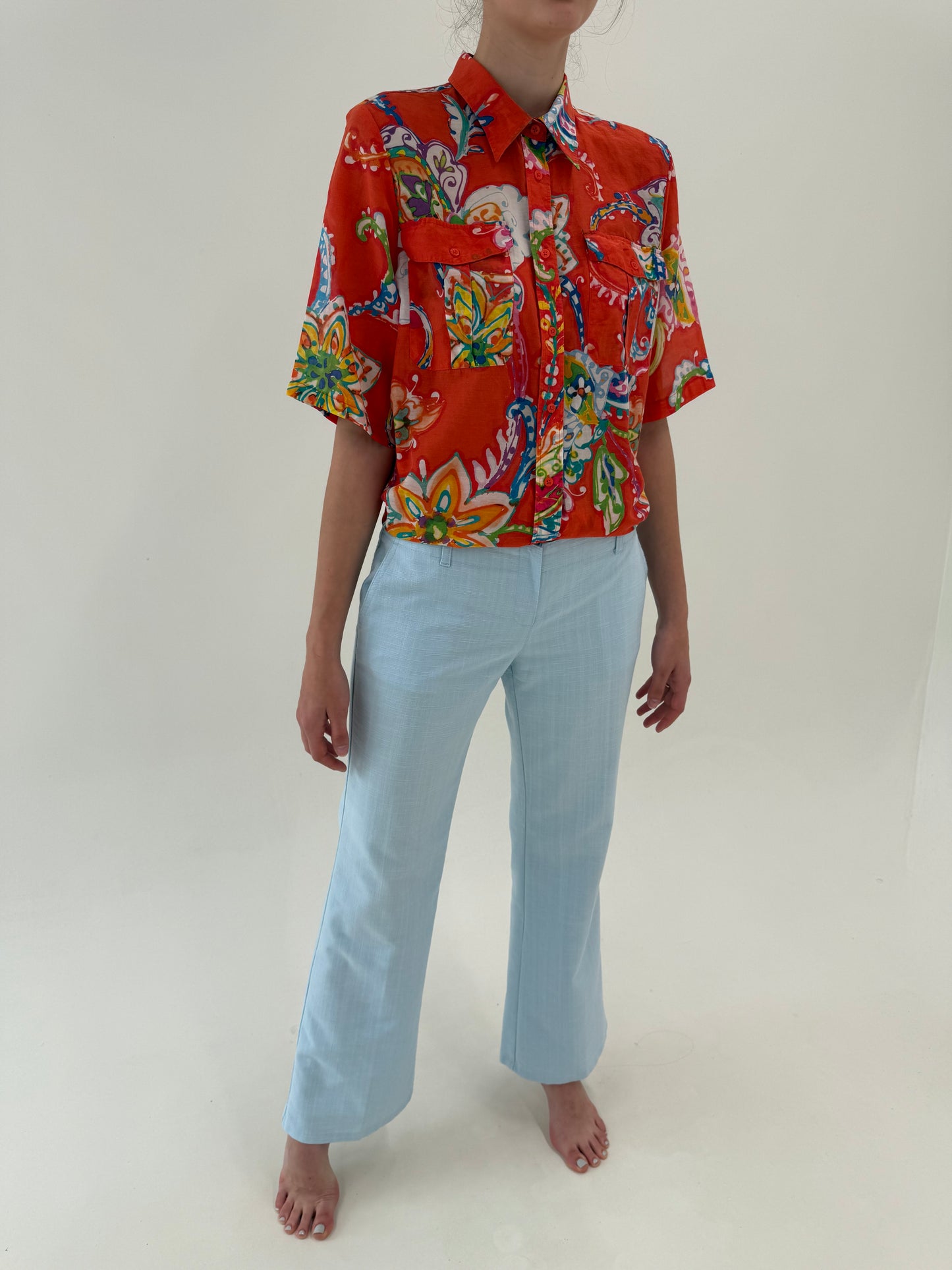 Pantaloni baby blue din panza de in în croi evazat