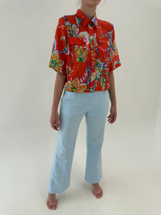 Pantaloni baby blue din panza de in în croi evazat