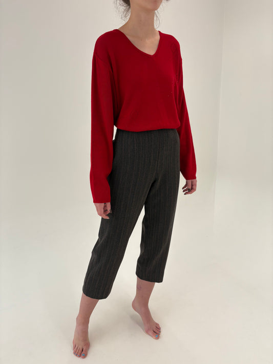 Pantaloni petite din stofă confort texturată  cu inserții cherry red