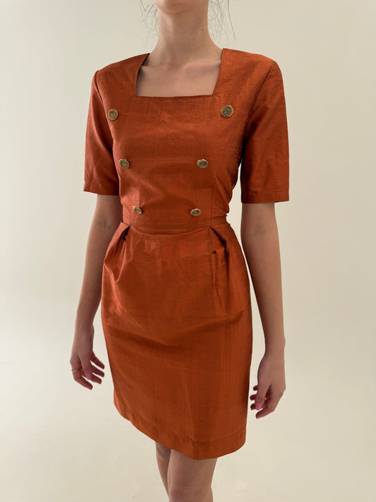 Rochie vintage din mătase naturală dupioni rust orange cu talie ultra marcată
