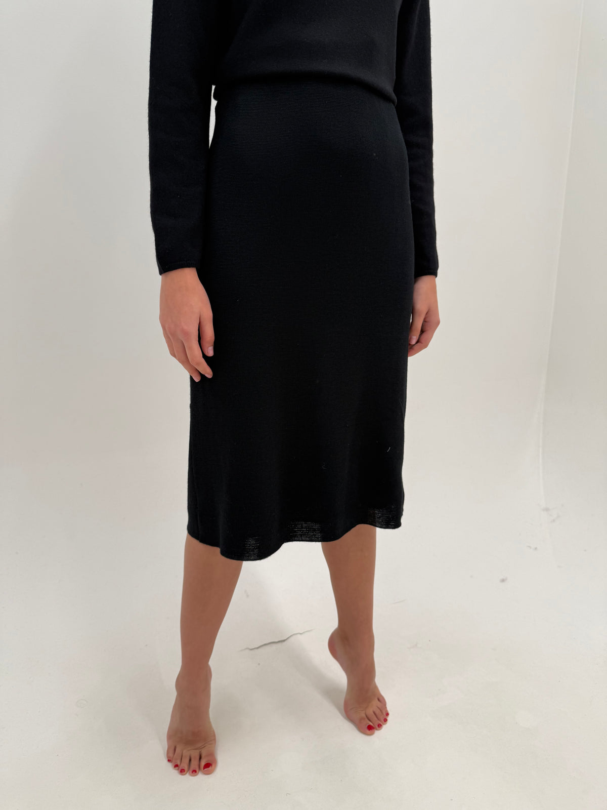 Fustă neagră vintage midi lung din tricot de lana extrafina