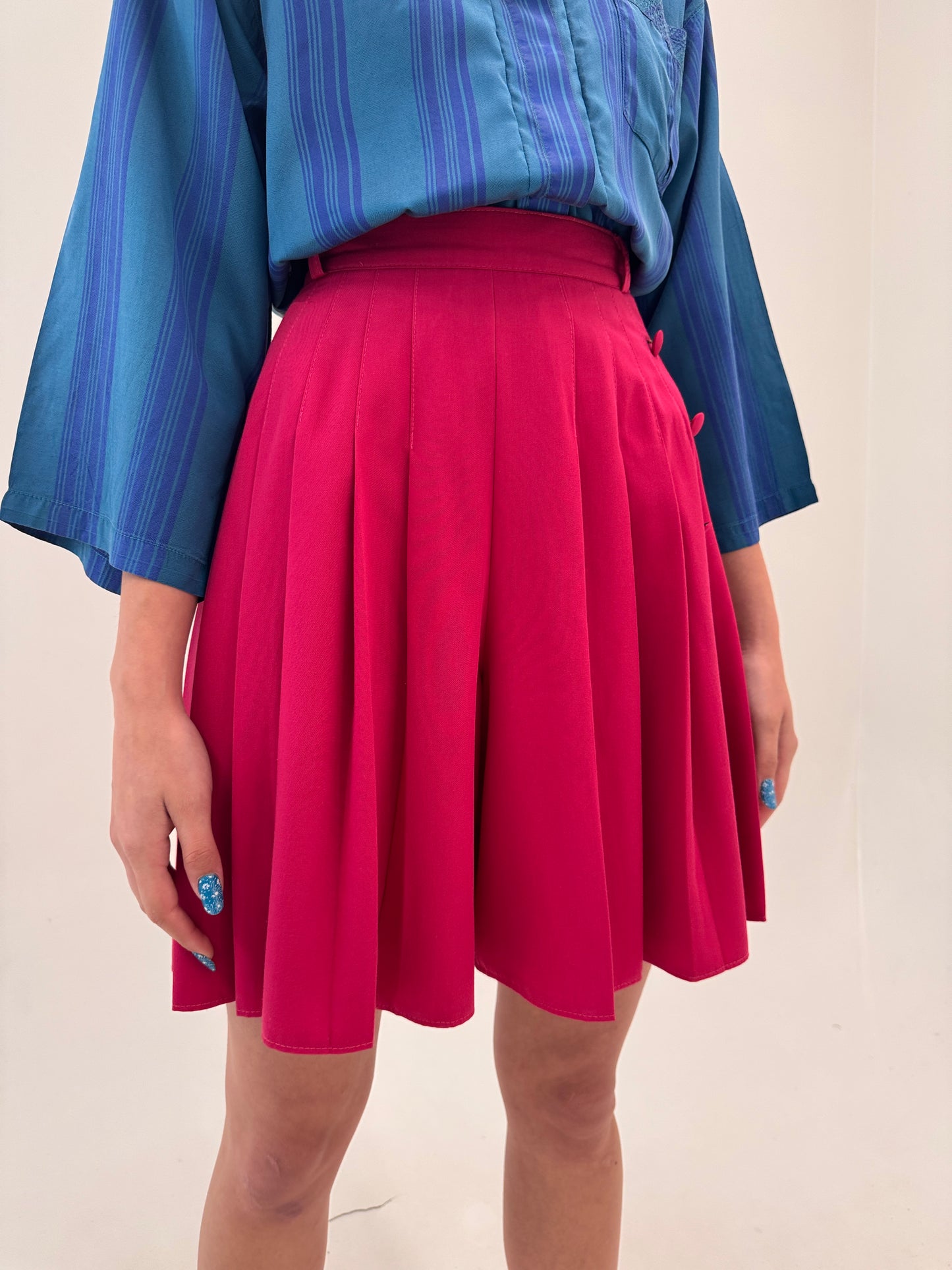 Fustă vintage plisată magenta cu talie ultra înaltă din twill