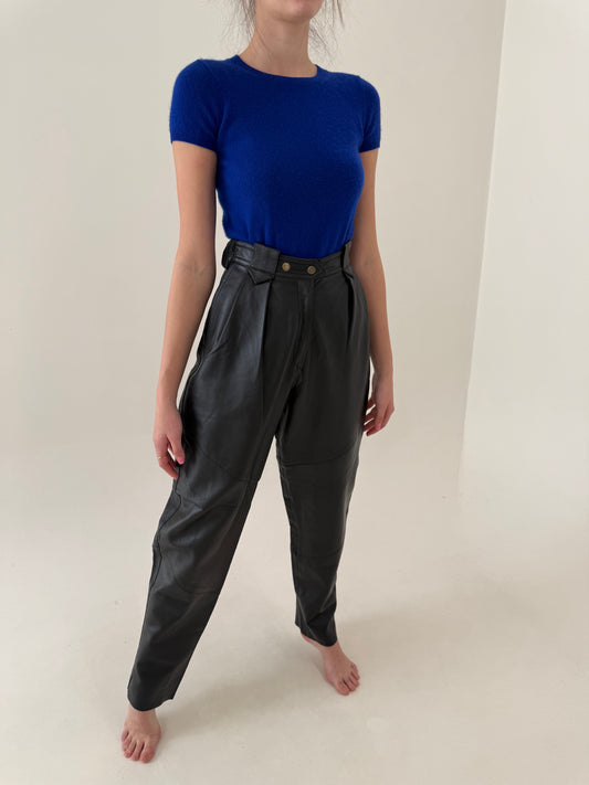 Pantaloni din piele naturală extrem de moale cu talie super super înaltă și pense adânci