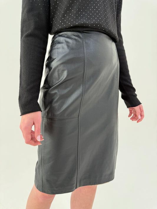 Fustă midi din piele naturală moale cu talie ultra înaltă