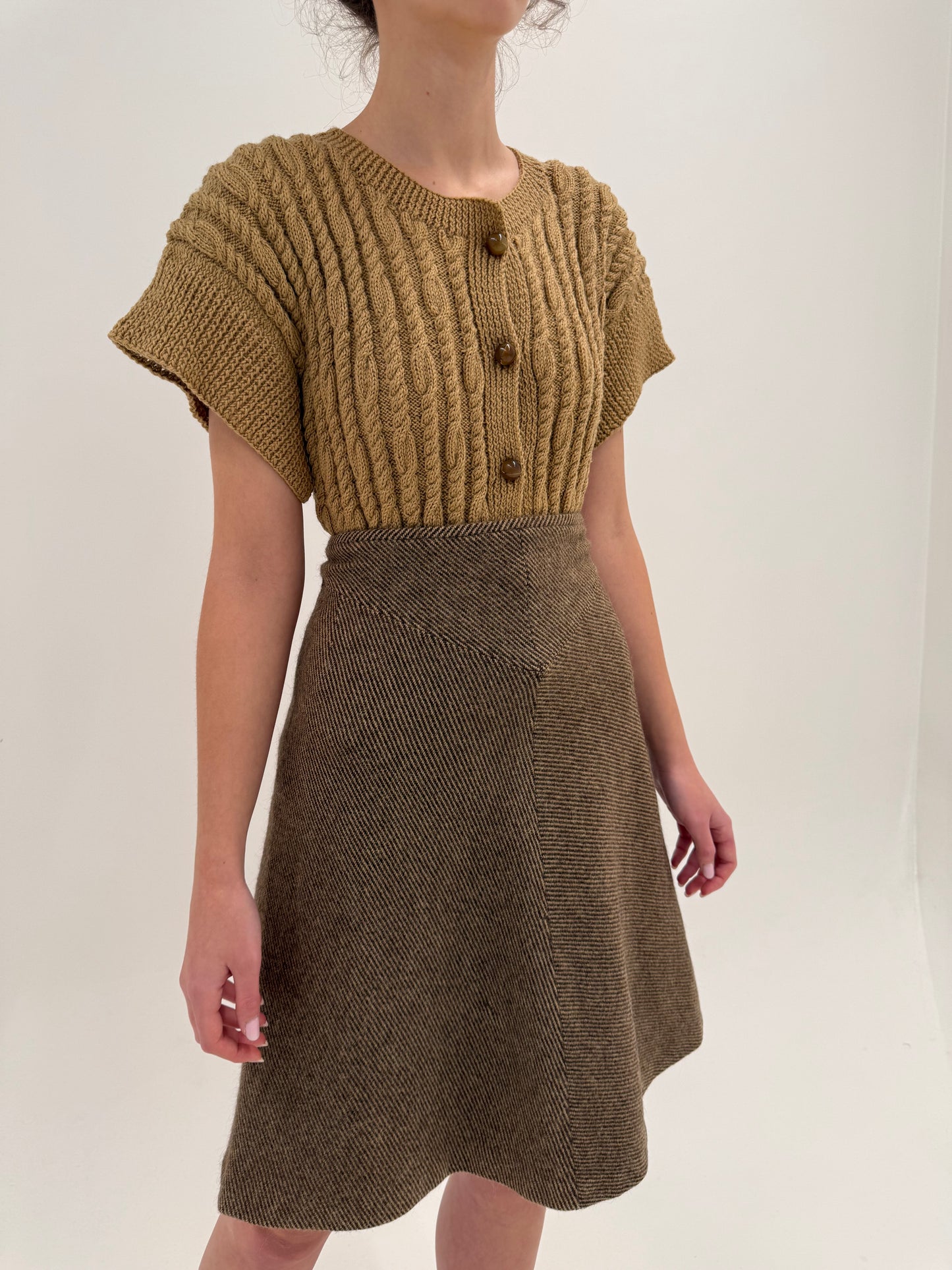 Fustă vintage camel din tweed gros de lana cu inserții chocolate brown