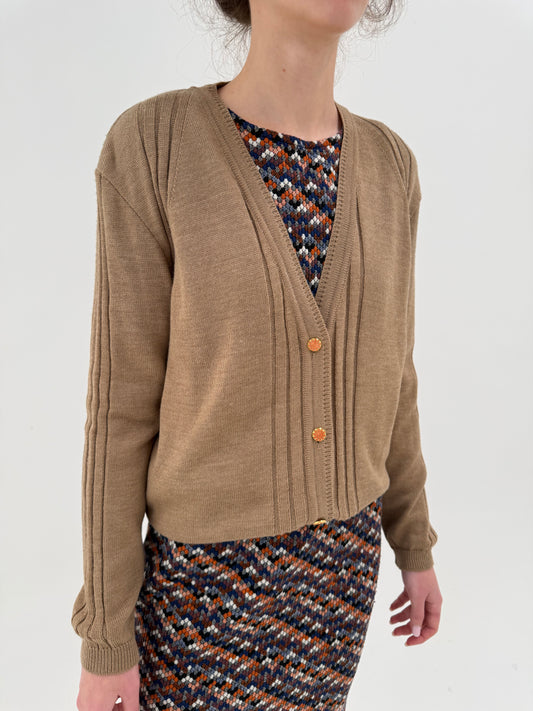 Cardigan camel high end italian din lana merino extrafina groasă multiply