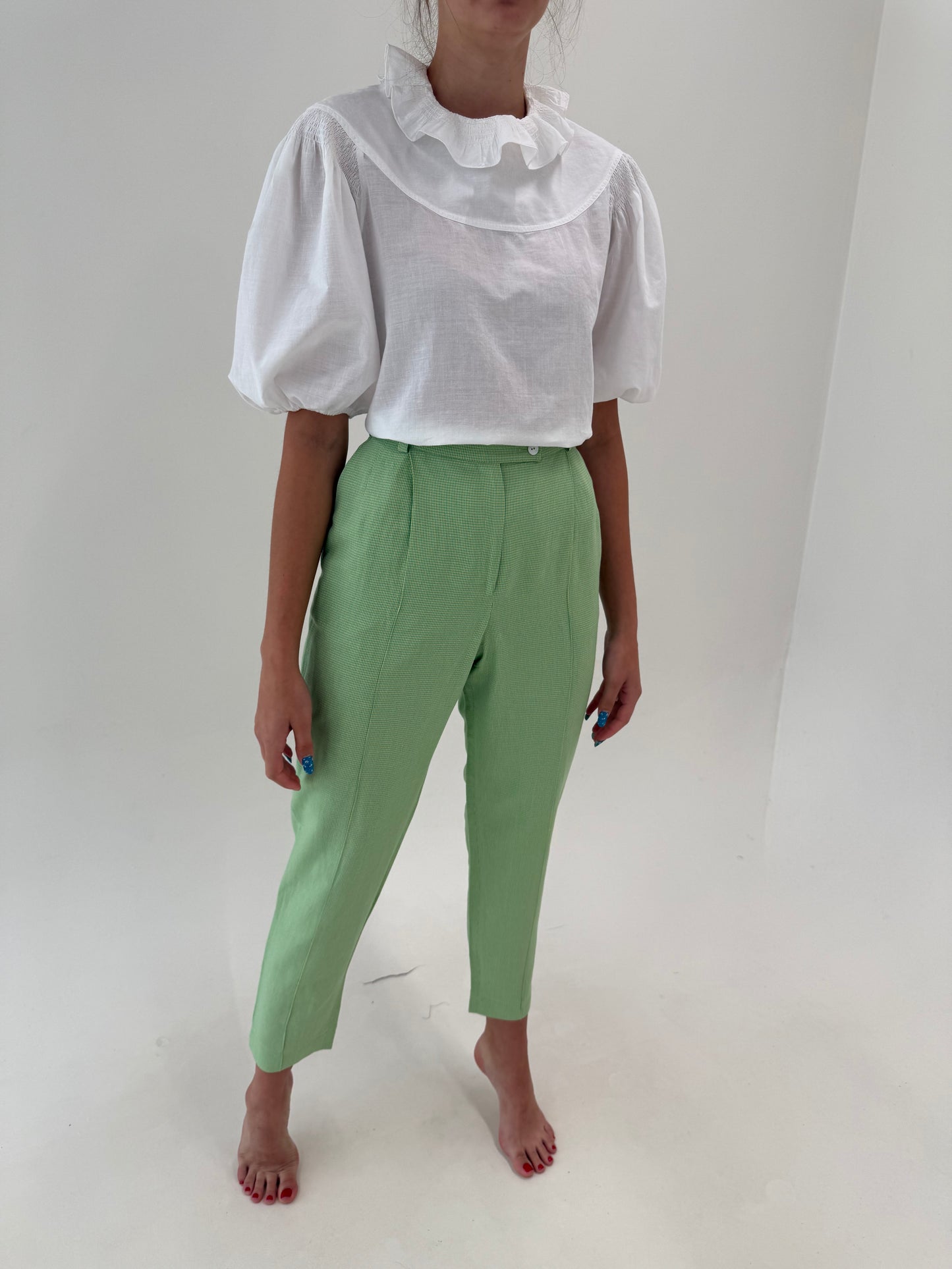 Pantaloni vintage ghingham din pânză de in și bumbac cu talie ultra înaltă