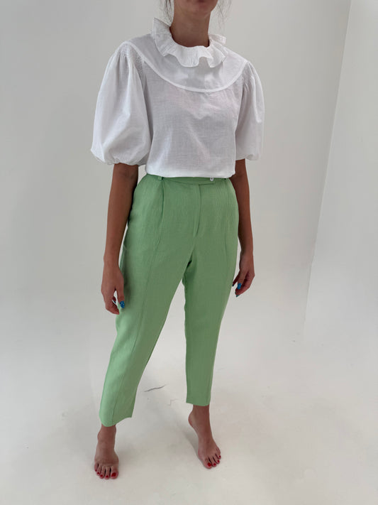 Pantaloni vintage ghingham din pânză de in și bumbac cu talie ultra înaltă