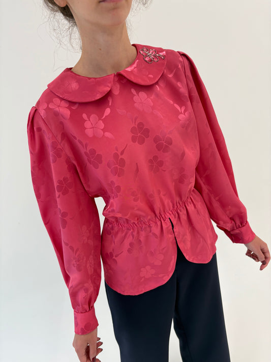 Cămașa vintage cu guler Peter Pan Barbie pink și talie marcată elastică