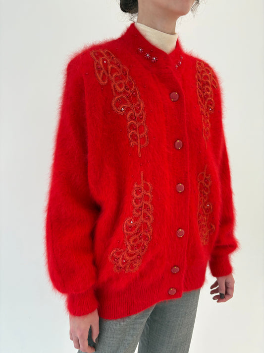 Jacheta vintage din Angora roșu tare cu broderie