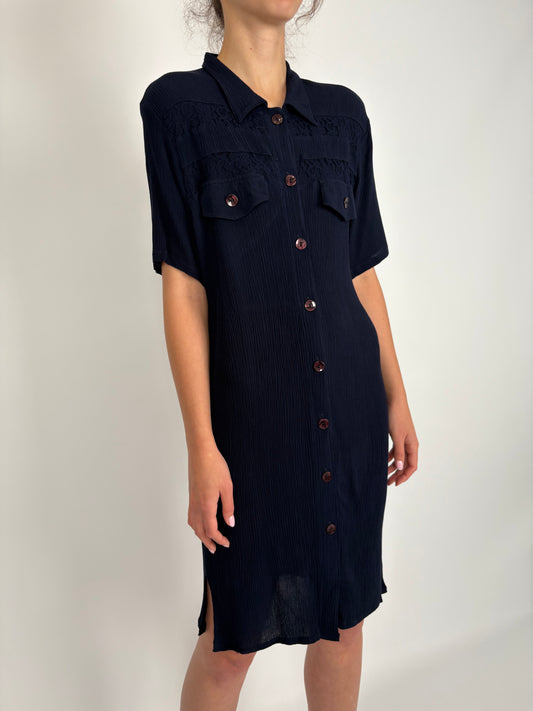 Rochie vintage Navy tip cămașă din material premium natural no iron