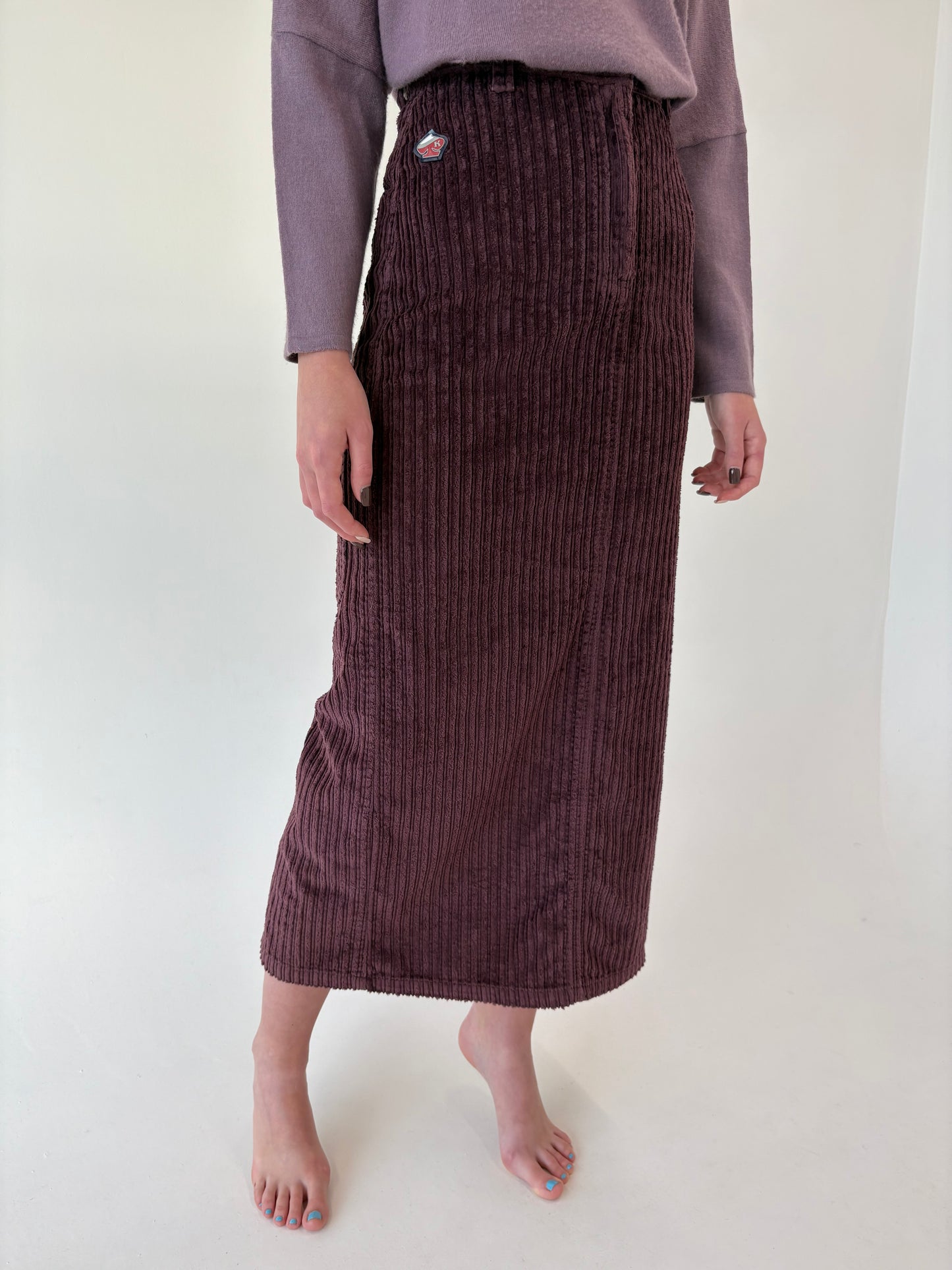 Fustă vintage maxi aubergine din corduroy cu talie ultra înaltă