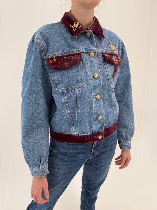 Geacă vintage bijuterie Rocco Barocco din jeans cu aplicații manuale