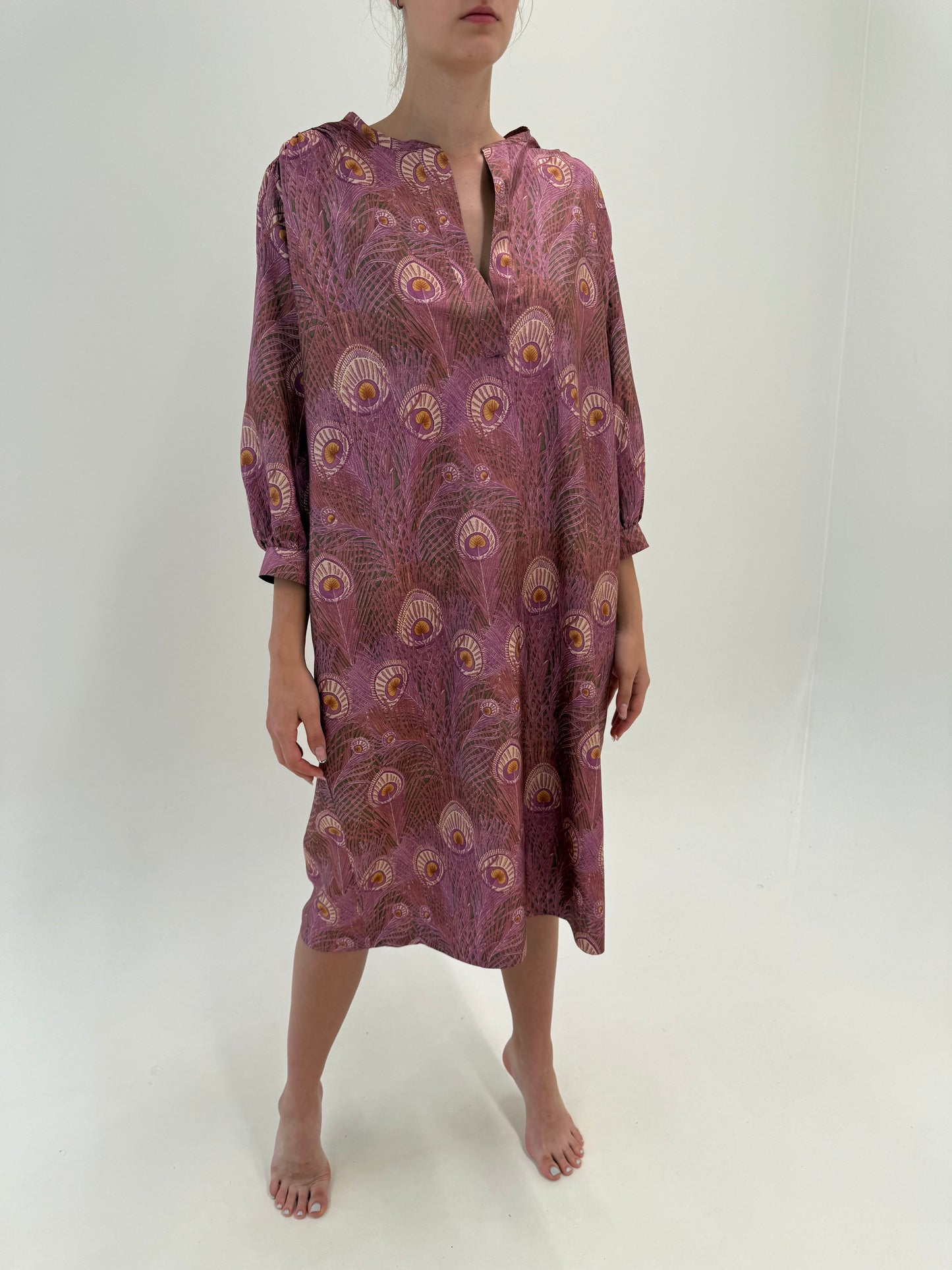 Rochie vintage petite din mătase naturală în croi lejer cu buzunare dusty pink