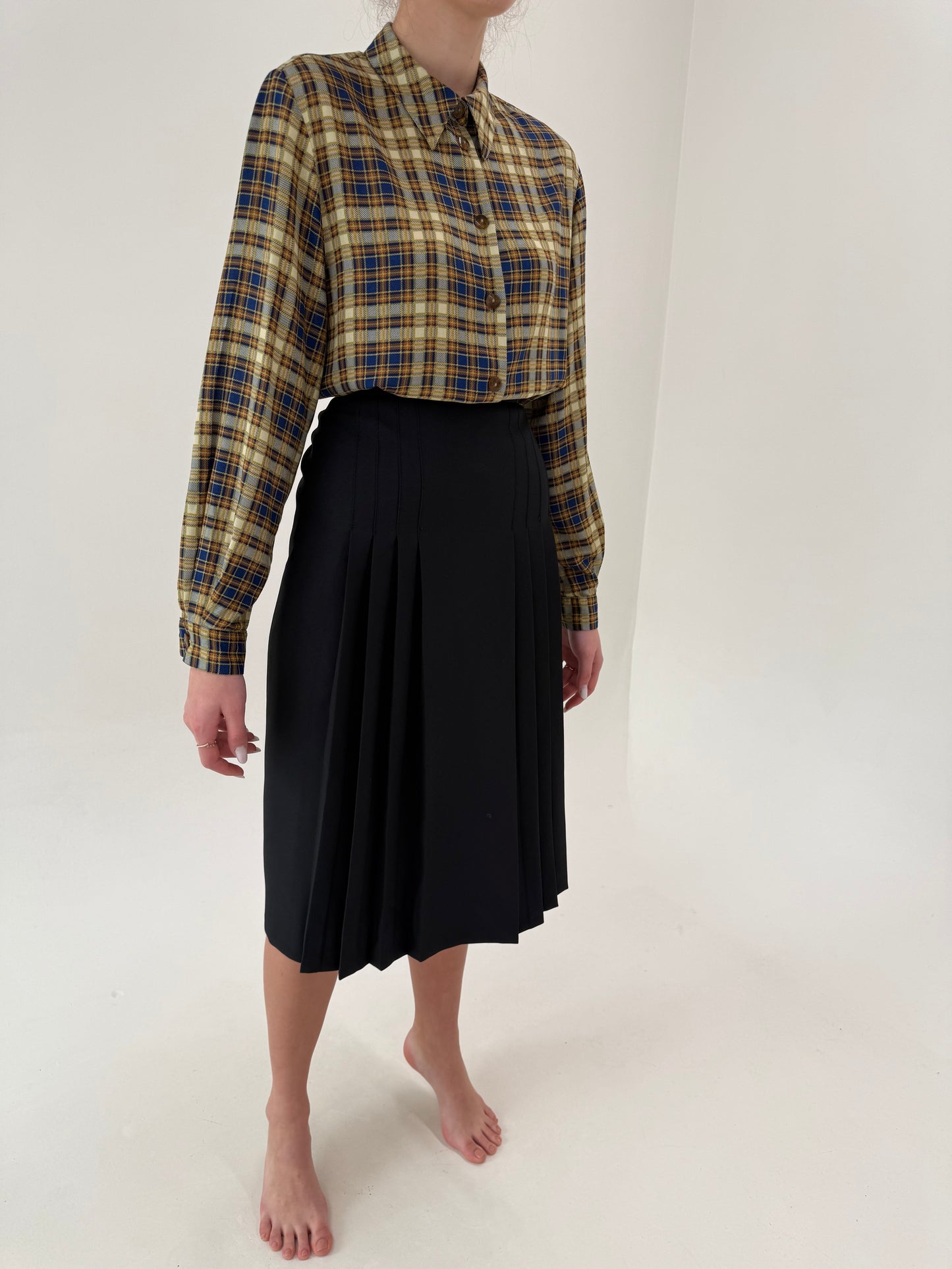 Fustă plisată din lanita extrafina neagră midi cu talie ultra înaltă