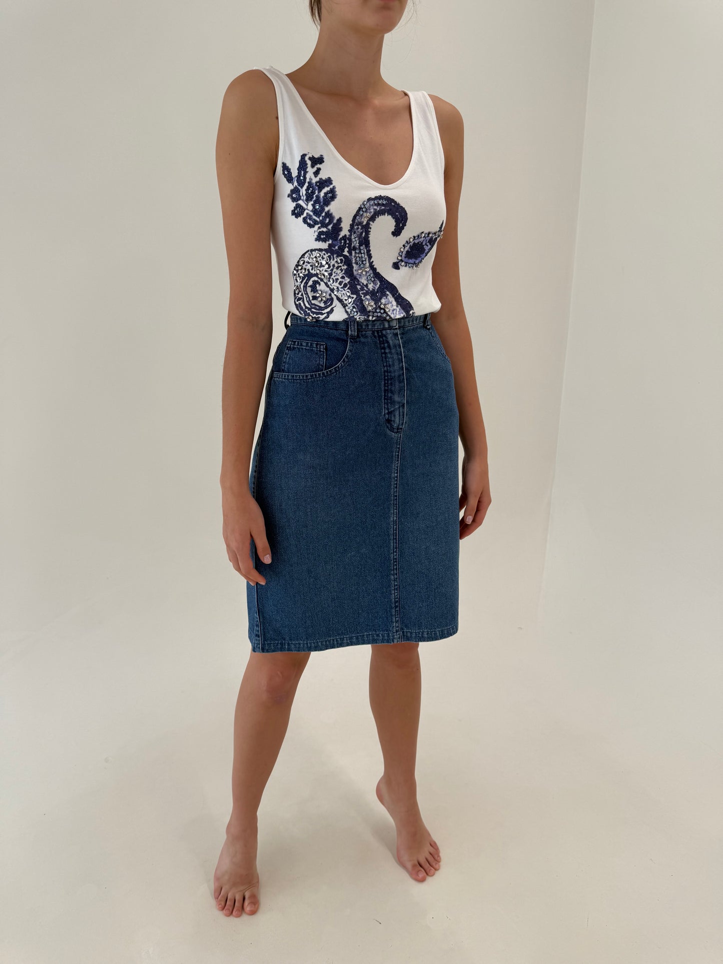 Fustă vintage luxury Trussardi din jeans moale de vară cu talie ultra înaltă