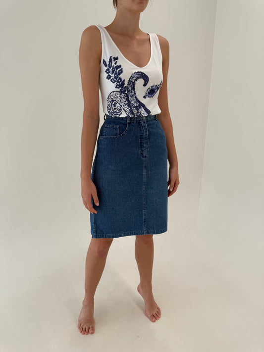 Fustă vintage luxury Trussardi din jeans moale de vară cu talie ultra înaltă