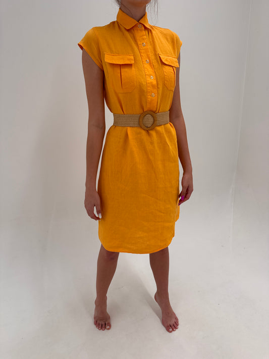 Rochie oranj in stil Safari din pânză premium de in în croi lejer
