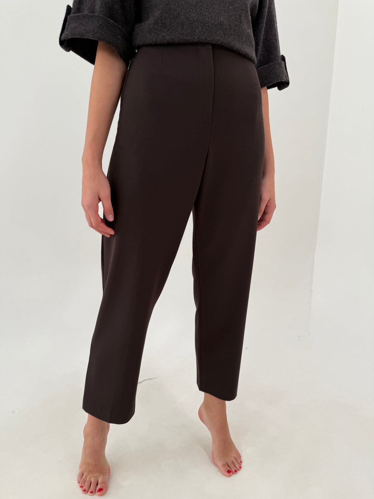 Pantaloni business confort chocolate brown cu talie ultra înaltă din stofita