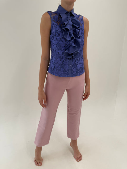 Pantaloni petite din mătase naturală plină ușor structurată powder pink